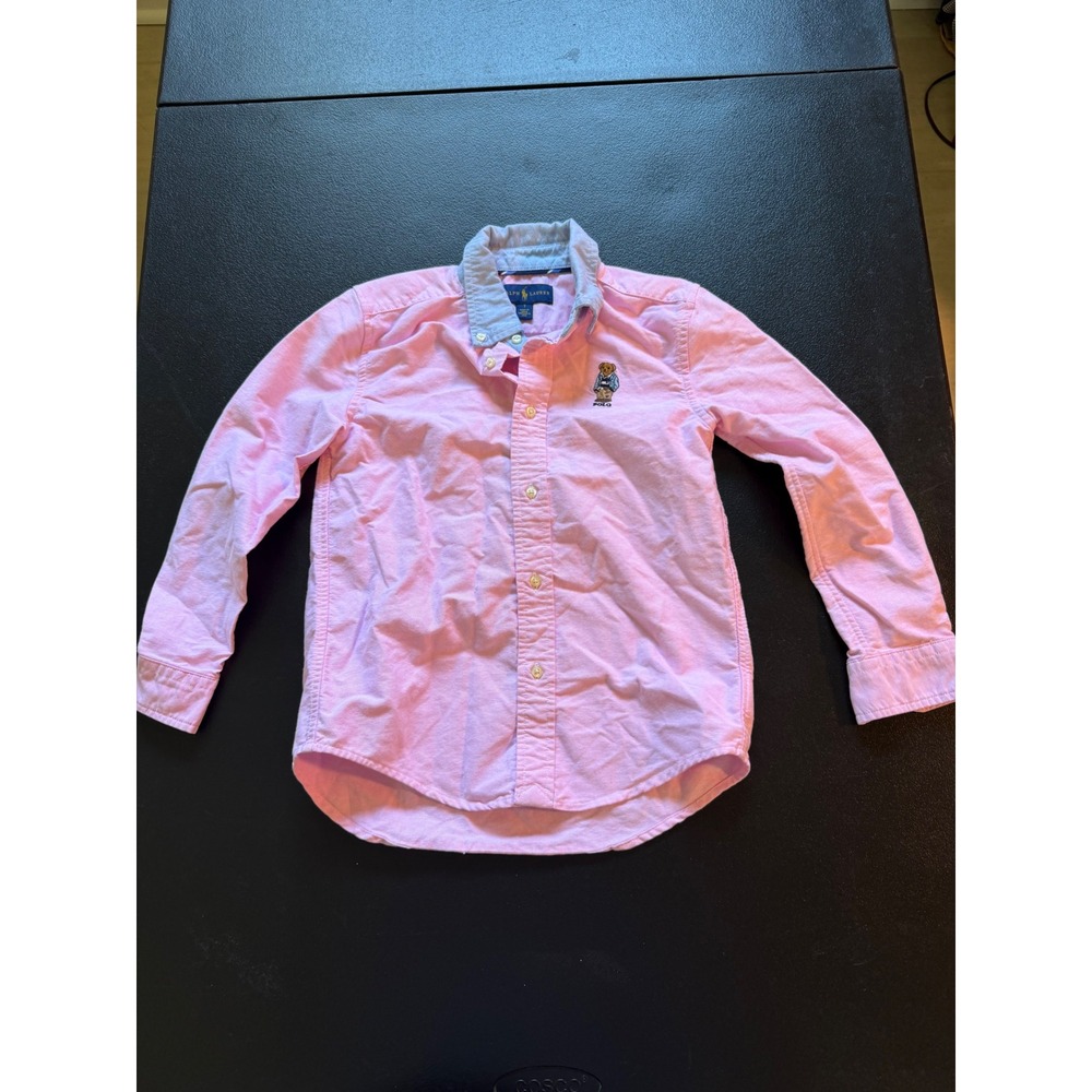 Ralph Lauren Polo Bear Pink Oxford Button Down Shirt Boys Size 7
